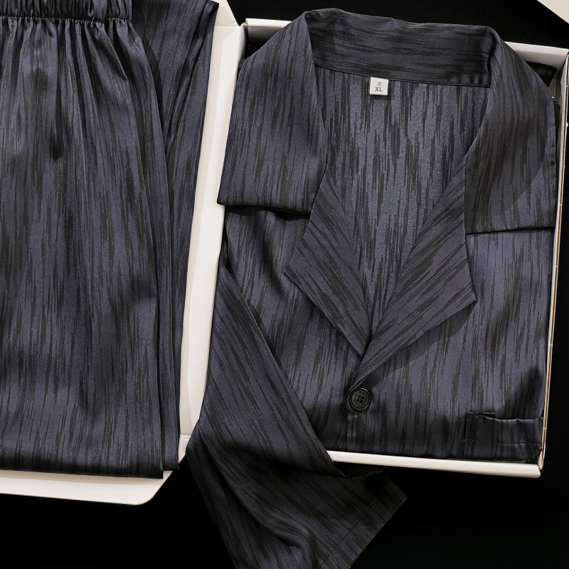 桑蚕丝新款真丝睡衣男士大码宽松条纹大牌风家居服高档礼盒套装薄