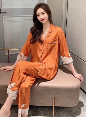 桑蚕丝真丝睡衣女2026年新款春秋丝绸长袖长裤蕾丝套装中袖家居服