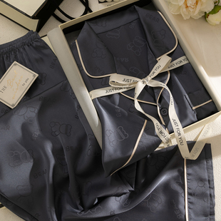 桑蚕丝真丝睡衣男春夏短袖风格烟灰送男友生日礼物家居服礼盒套装