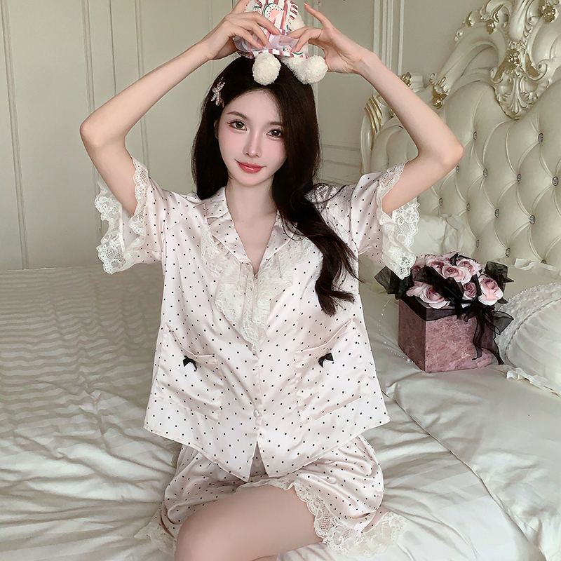 桑蚕丝睡衣女春夏季薄波点蕾丝真丝短袖短裤性感可外穿家居服套装
