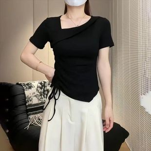 遮肚子抽绳小众上衣 大码 不规则正肩短袖 T恤女夏季 微胖mm显瘦修身