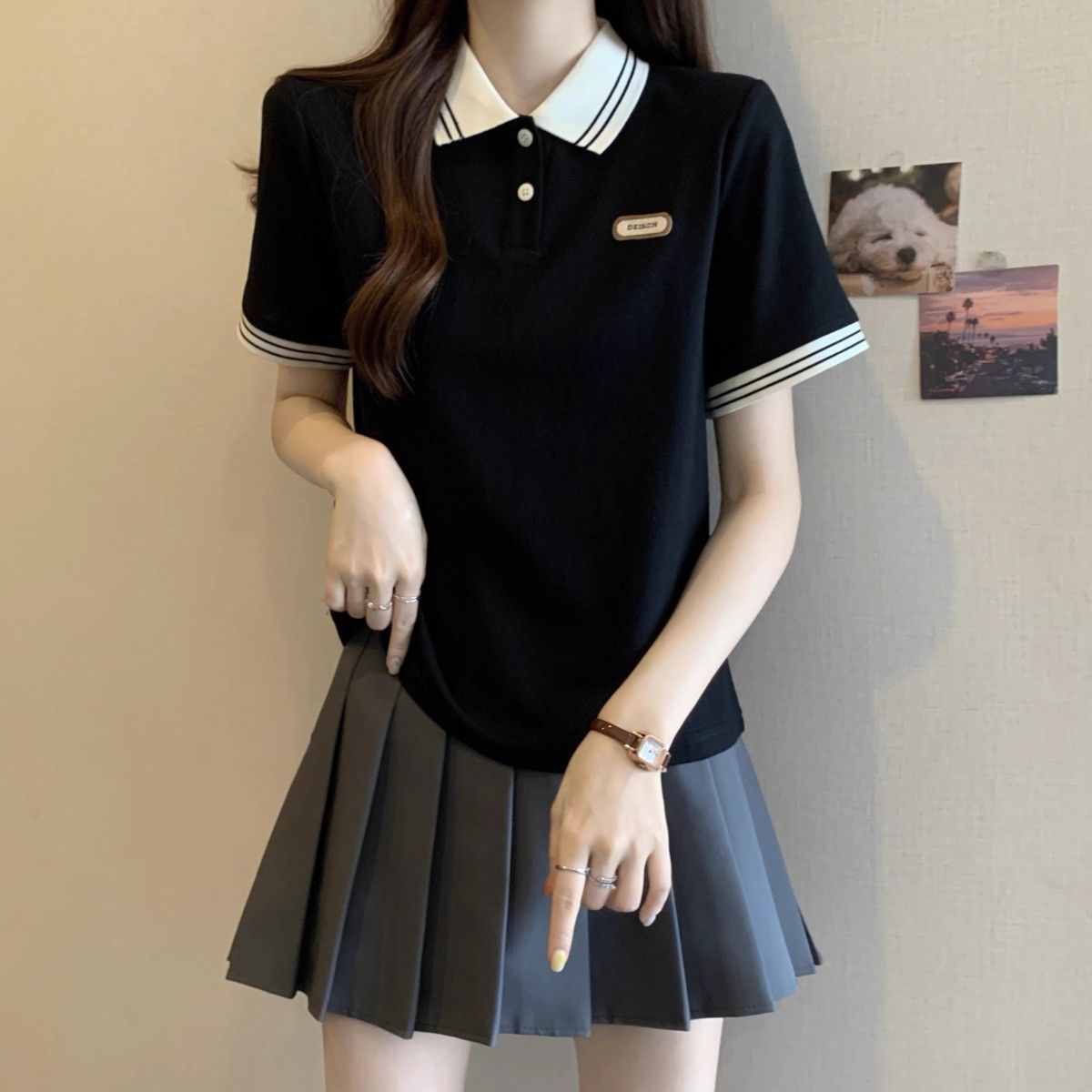 大码女装遮肚子正肩POLO领打底衫夏季胖mm短袖学院风减龄百搭上衣