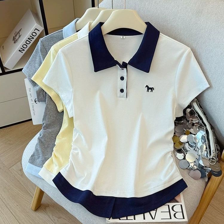 收腰短袖t恤女夏季15初中学生13少女12岁大童韩系假两件翻领上衣图片