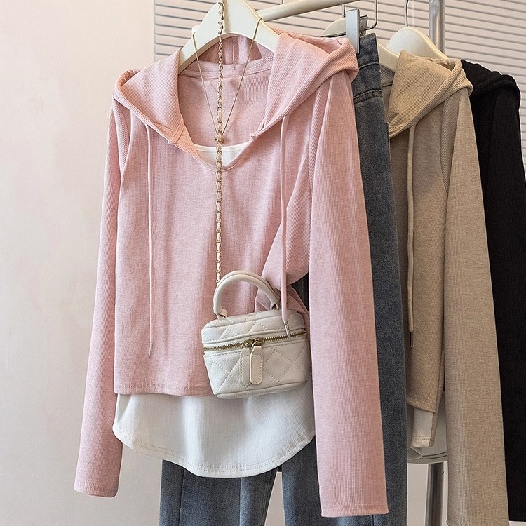 粉色连帽正肩长袖T恤大码女装2025秋季胖mm假两件卫衣不规则上衣