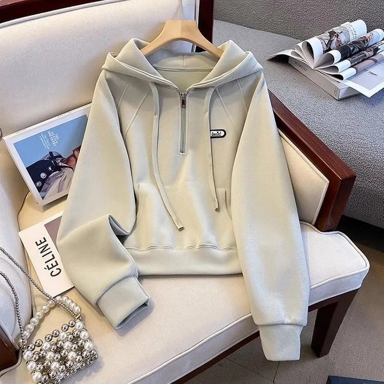 欧货半拉链连帽刺绣卫衣女秋冬2026新款时尚宽松休闲口袋长袖上衣,女装/女士精品,卫衣/绒衫,淘宝优惠券,粉丝福利购,淘宝优惠卷