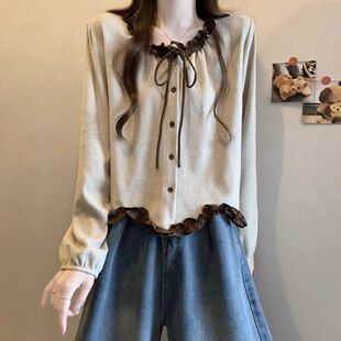 秋装2026年新款爆款法式小资撞色木耳边衬衫女长袖短款上衣高级感