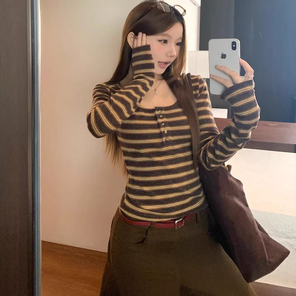 大码美拉德穿搭正肩长袖T恤女秋季胖MM遮肉显瘦撞色条纹针织上衣