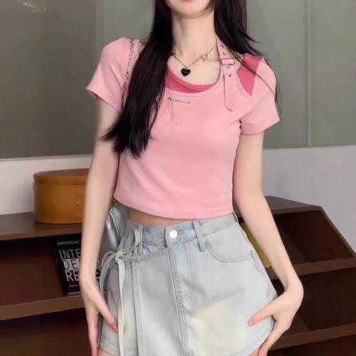 韩系chic港味假两件短袖T恤女夏季韩版修身显瘦小个子短款上衣潮