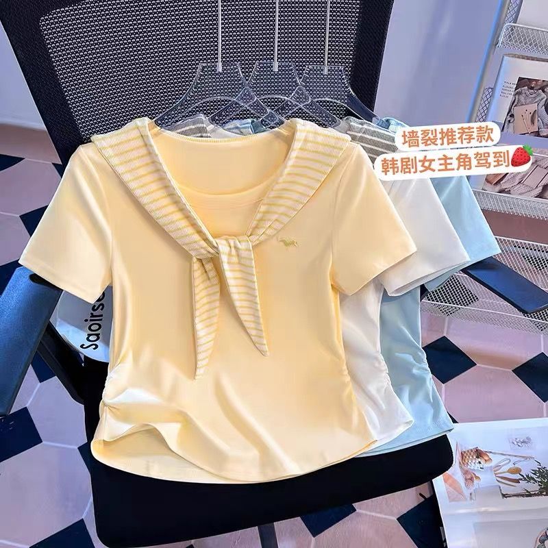 短袖t恤女夏季2026新款爆款初中生条纹海军领显瘦体恤设计感上衣图片