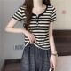 t恤女胖mm遮肚显瘦别致上衣打底衫 夏季 百搭撞色条纹短袖 女装 大码