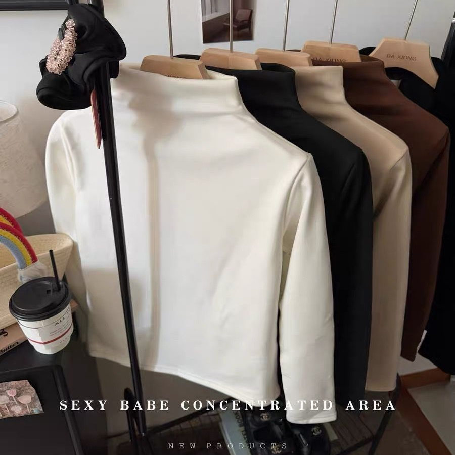 简约加绒半高领长袖T恤女装秋冬减龄加厚内搭打底衫上衣