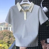 港味棉质Polo翻领短袖 春夏显瘦减龄体恤 女设计感条纹T恤2024新款