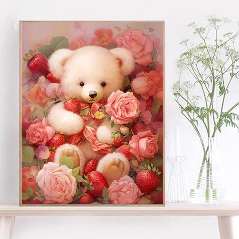 钻石画玫瑰草莓熊儿童房满钻带框手工diy粘贴钻小幅2023新款卡通,居家布艺,钻石绣,淘宝优惠券,粉丝福利购,淘宝优惠卷