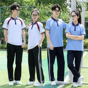 夏季套装初中班服学院风宽松短袖Polo衫高中小学生毕业校服三件套