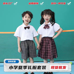 深圳小学生校服礼服夏装男女套装白衬衫短袖上衣格子裤加内衬裙子