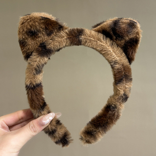 可爱猫咪耳朵毛茸茸发箍女豹纹头箍压发卡发捆头饰秋冬季毛毛绒绒