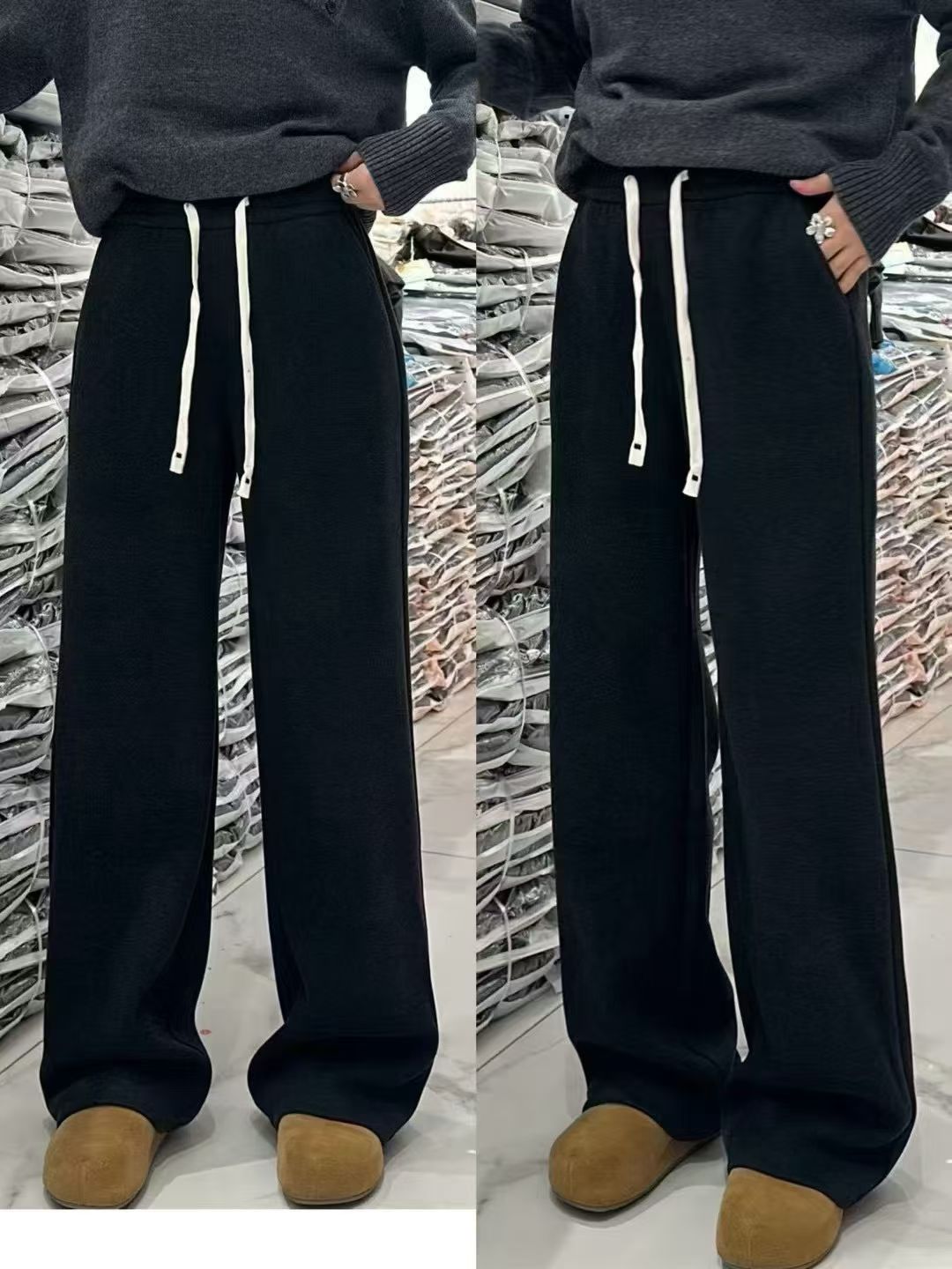 图作2328冬季新款加绒加厚休闲裤 女高腰显瘦毛呢窄版直筒裤松紧