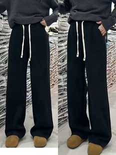 直筒裤 图作2328冬季 女高腰显瘦毛呢窄版 加绒加厚休闲裤 松紧 新款