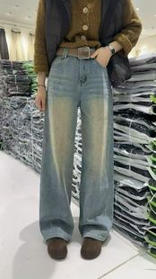 2冬季 加绒牛仔直筒裤 新款 做旧风格 女 高腰显瘦女阔腿裤 半社81272