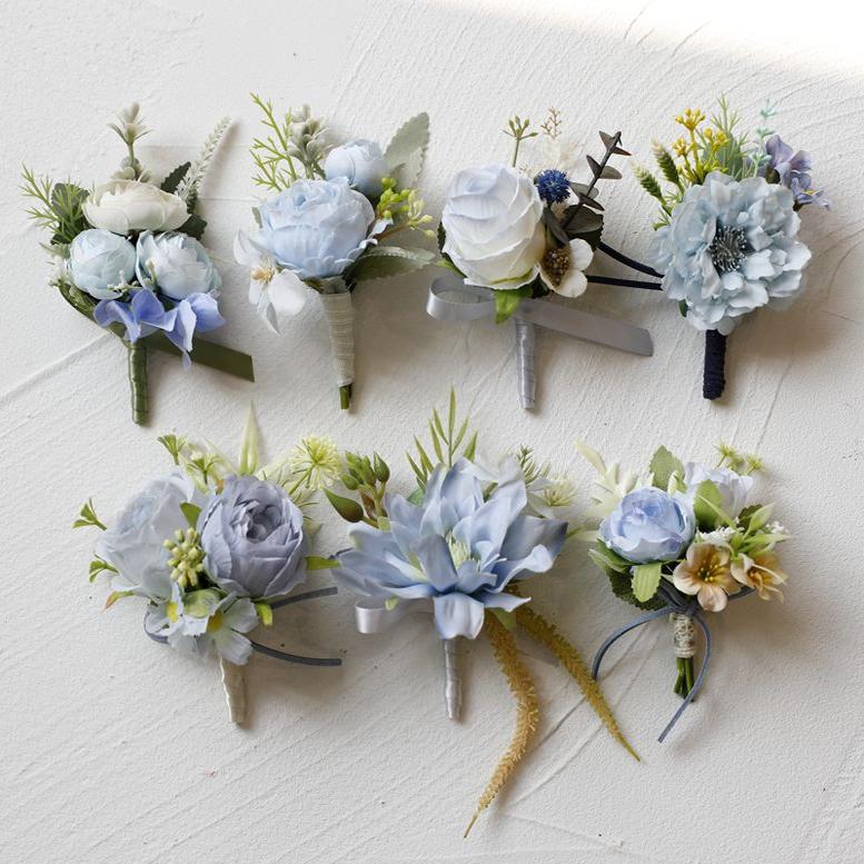 蓝色仿真玫瑰商务会议开业庆典伴郎新郎结婚胸花新娘伴娘手腕花