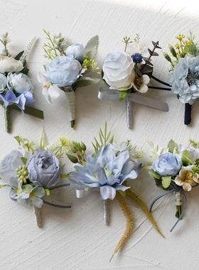 蓝色仿真玫瑰商务会议开业庆典伴郎新郎结婚胸花新娘伴娘手腕花