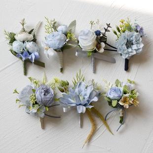 蓝色仿真玫瑰商务会议开业庆典伴郎新郎结婚胸花新娘伴娘手腕花