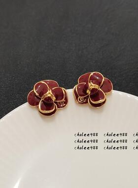 珐琅滴釉中古风山茶花耳钉