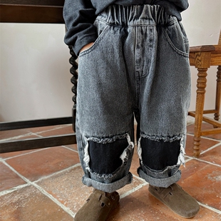 暮晨家新款春秋2025男童全棉毛边牛仔裤宝宝儿童直筒裤宽松乞丐裤