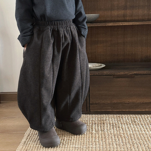 暮晨家新款冬装2025男童一体绒毛呢裤中小童宽松加厚灯笼裤保暖裤