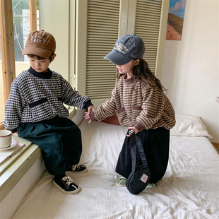 暮晨家新款冬装2024男童千鸟格加绒卫衣女宝宝半高领加厚上衣外套