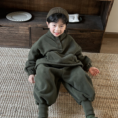暮晨家新款冬装2025男童双面绒高领卫衣中小童加厚束脚裤两件套装