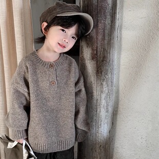 暮晨家早春新款2025男童圆领毛线衣中小童宝宝森系简约上衣内搭