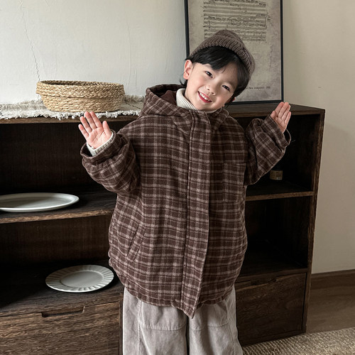 暮晨家新款冬装2025男童格子夹棉连帽外套中小童森系加厚棉袄大衣