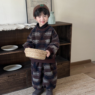 暮晨家新款冬装205男童加绒半高领卫衣中小童加厚灯笼裤两件套装