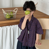 中小童森系复古港风半袖 暮晨家新款 衬衫 2025男童印花短袖 衬衣 夏装