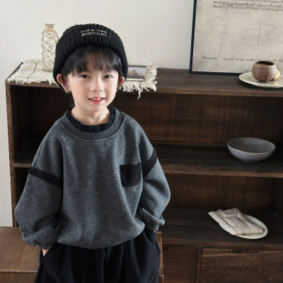 暮晨家新款冬装2025男童假两件一体绒卫衣中小童加厚圆领打底上衣