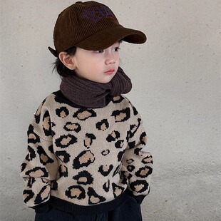 暮晨家新款早春2025男童豹纹毛线衣儿童宝宝森系圆领上衣保暖内搭