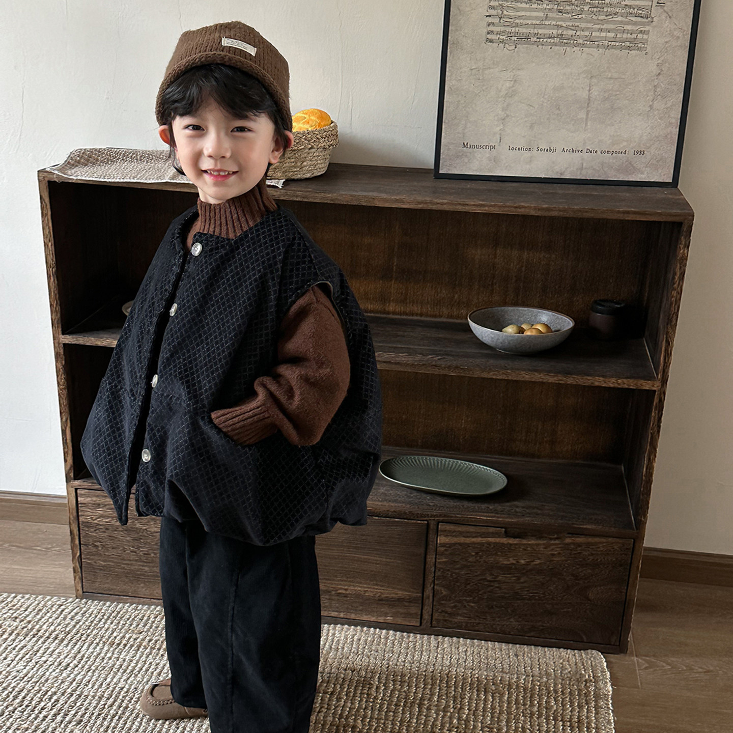 暮晨家新款冬装2025男童小格加棉马甲中小童森系加厚加绒背心外套