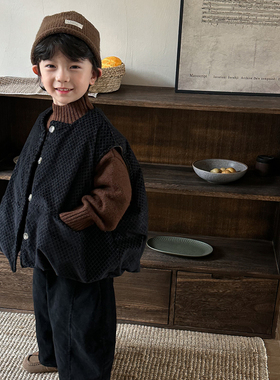 暮晨家新款冬装2025男童小格加棉马甲中小童森系加厚加绒背心外套