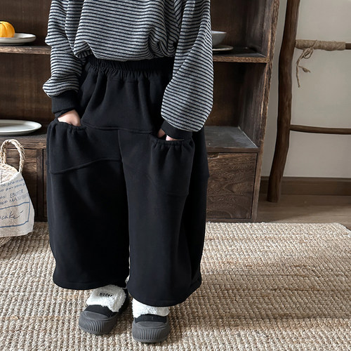 暮晨家新款冬装2025男童净色一体绒卫裤中小童森系加厚宽松阔腿裤