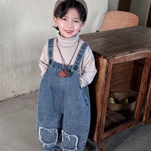 暮晨家新款春秋2025男童复古牛仔背带裤中小童森系毛边乞丐裤长裤