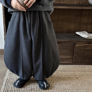 暮晨家新款冬装2025男童一体绒呢子弯刀裤儿童宽松加厚保暖灯笼裤