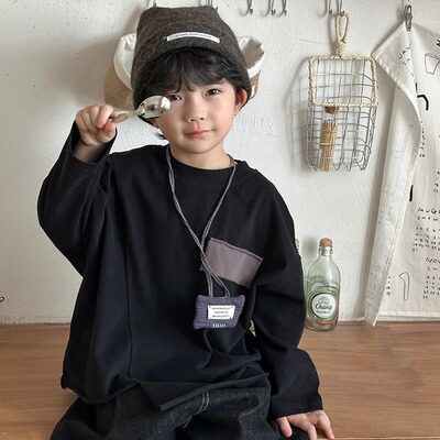 暮晨家春秋新款2026男童不规则长袖T恤中小童贴布毛边上衣打底衫