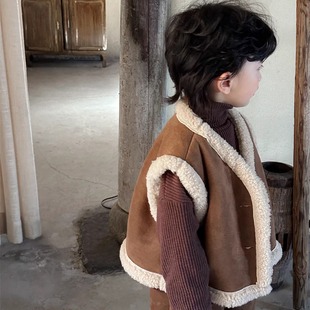 暮晨家新款冬装24男童羊羔毛马甲中小童加绒直筒裤两件套装拜年服