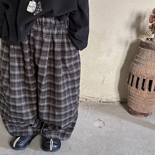秋冬男童加绒格子森系复古阔腿裤