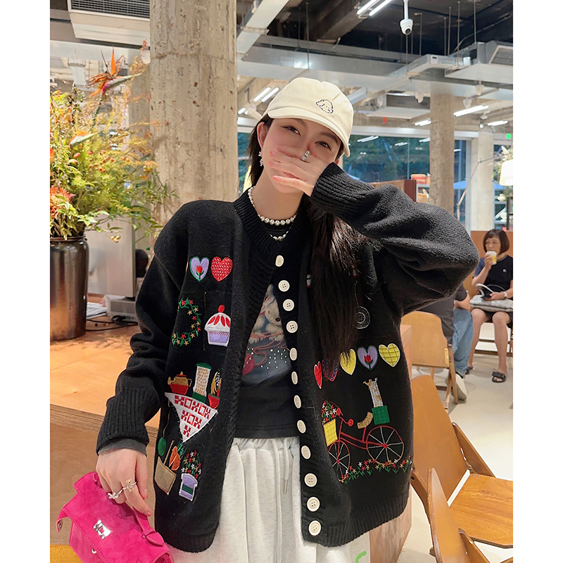 Thebestxue2023秋冬新款童趣图案黑色百搭针织衫开衫外套上衣女