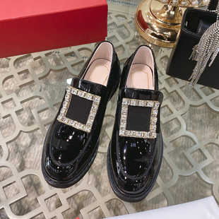 RV漆皮水钻方扣厚底乐福鞋一脚蹬女平跟单鞋真皮厚底英伦风小皮鞋