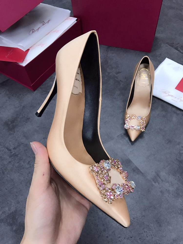 rv水钻方扣绸缎细跟红色平底单鞋