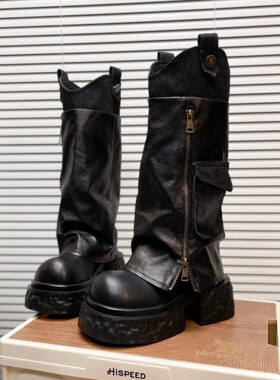 日本offcat厚底小个子增高腿套高筒黑色机车裤管女2025新款骑士靴