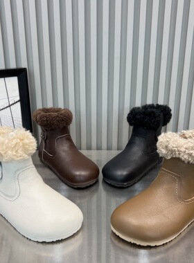 日本OFFCAT2025新款真皮羊毛口套筒短靴女鞋加绒保暖棉鞋厚底雪地